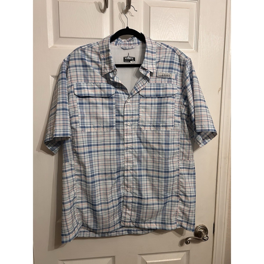 HABIT Mens Large Short Sleeve Shirt Button Down‎ Plaid UPF Solar Factor Fishing